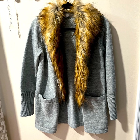 Sweaters - Gray Open Cardigan Removable Faux Fur Shawl Collar